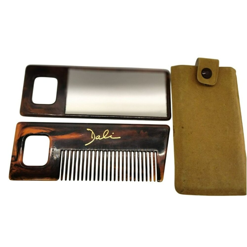 Vintage Dali Tortoise Comb & Mirror Set With Case Made In Hong Kong